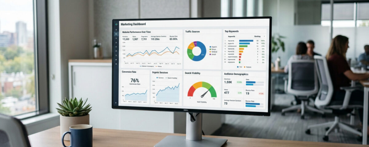 SEO and marketing services dashboard on a computer screen