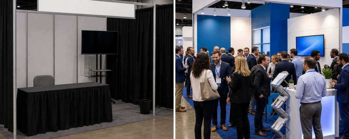 empty booth versus bustling pre-booked exhibition stand