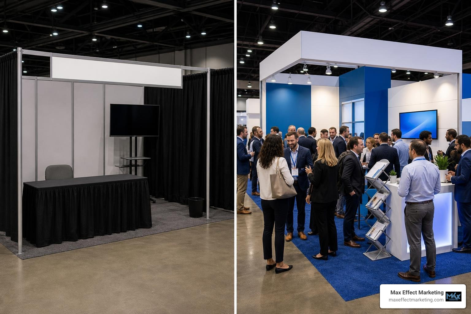 empty booth versus bustling pre-booked exhibition stand